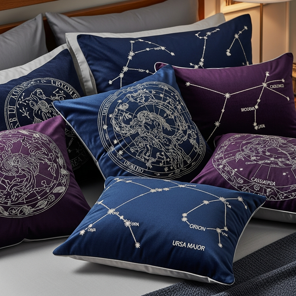 A collection of Constellation Pillows arranged on a bed